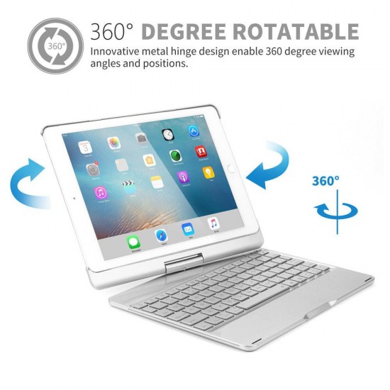 iPad 10.2/ 7th 2019 360 Rotation Aluminum Bluetooth Keyboard with Backlit Silver