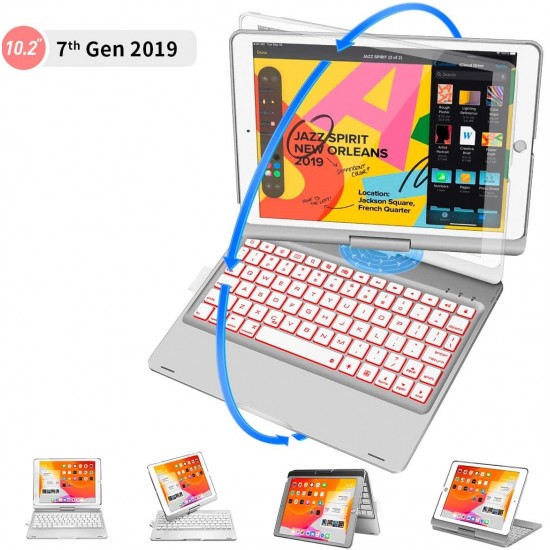 2019 iPad 10.2 inch 7th Bluetooth Keyboard 360° Rotatable 7 Colors Backlit