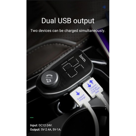 HOCO LED Wireless Bluetooth FM Transmitter Handsfree  Dual USB Car Charger