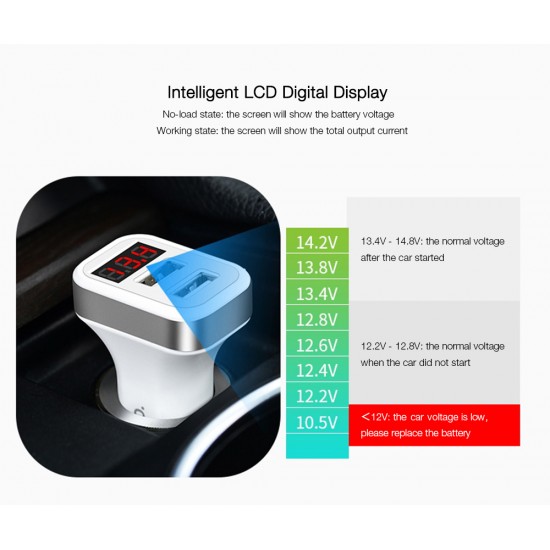 Digital Display Dual USB Ports Car Charger Voltage Current Car Charger for Phone