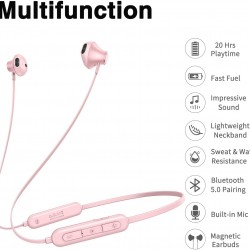 Wireless Bluetooth 5.0 Sport Gym Running Headphones Magnetic  with Mic Pink