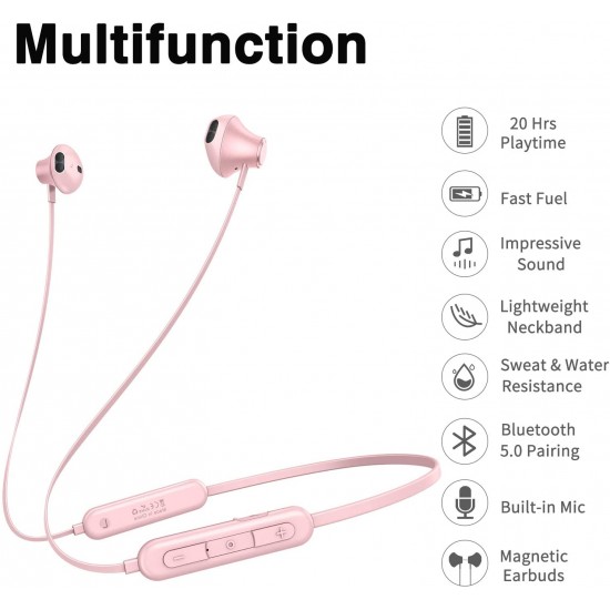 Wireless Bluetooth 5.0 Sport Gym Running Headphones Magnetic  with Mic Pink