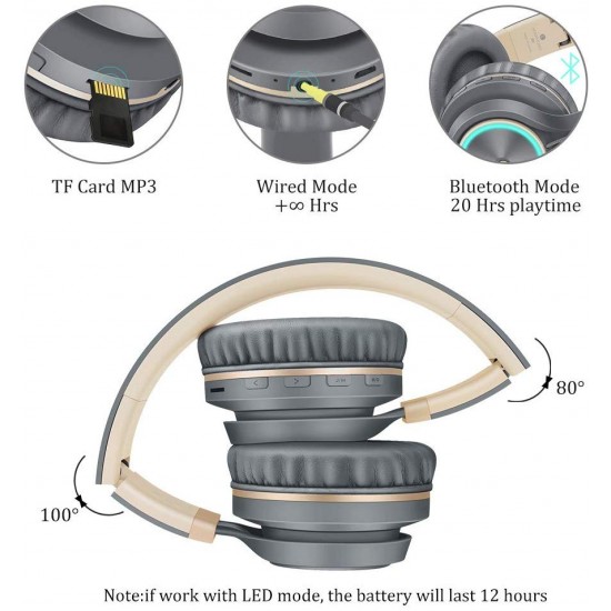 Bluetooth Foldable Headphones Gaming Wireless Headsets with LED Glow with Mic Grey