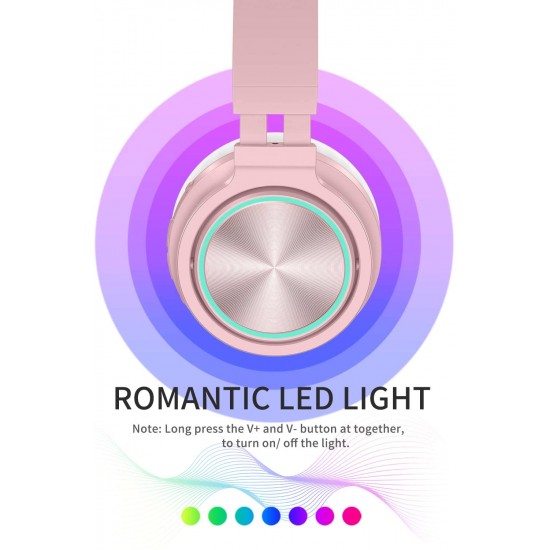 Wireless Bluetooth Headphones LED light With Mic Foldable Headset Rose Gold