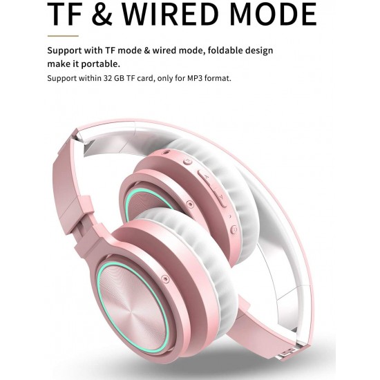 Wireless Bluetooth Headphones LED light With Mic Foldable Headset Rose Gold