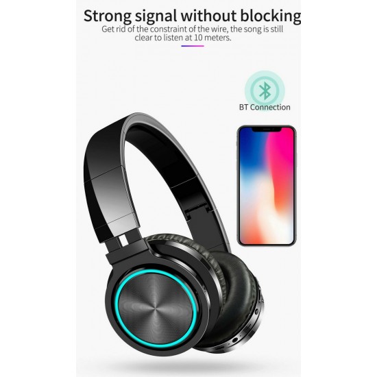 Wireless Headphones Bluetooth 5.0 Foldable Headphone Headset with Mic Led Black