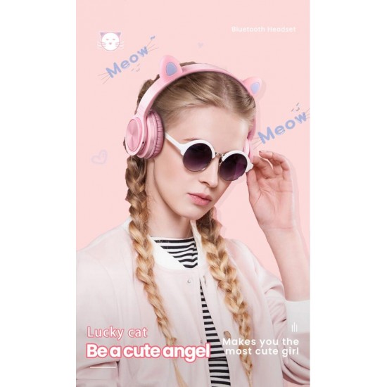 LUCKY CAT Style LED Color Changing Wireless Bluetooth Headsets with Mic-Pink