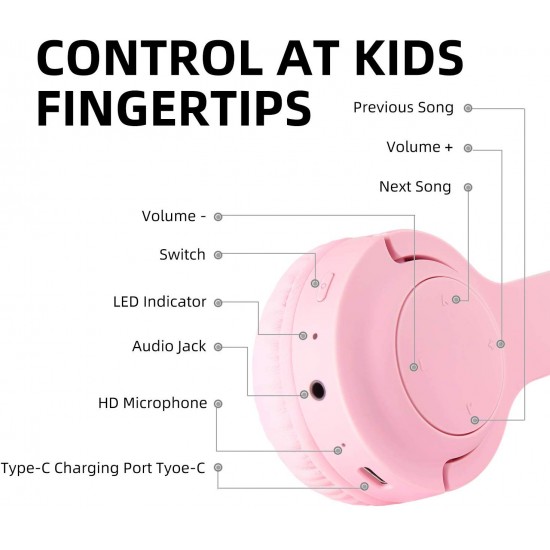 Kids Children Wireless Bluetooth Headphones Foldable Stereo Built-in Mic-Pink