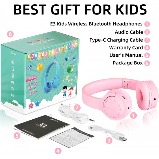 Kids Children Wireless Bluetooth Headphones Foldable Stereo Built-in Mic-Pink