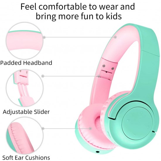 Kids Children Bluetooth Headphones Foldable Wireless Headsets Build-in Mic-Mint