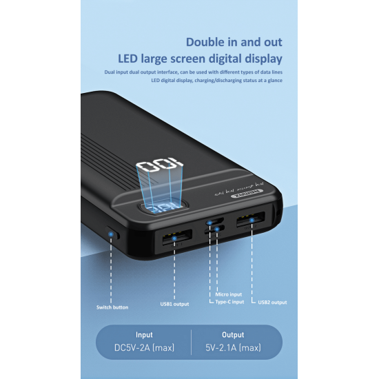 20000MAh Mobile Power External Bank Battery Charger LED Digital Display Dual USB